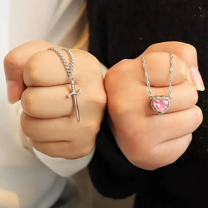COUPLE HEART & SWORD Matching Necklaces