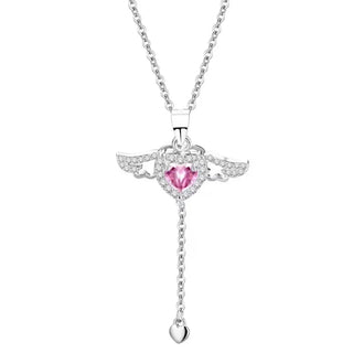 (PINK) ANGEL HEART WINGS Necklace Sterling Silver
