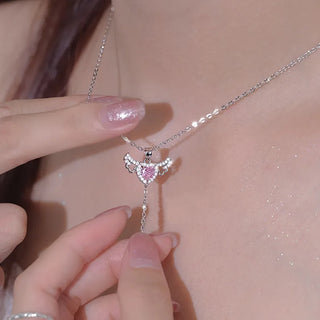 (PINK) ANGEL HEART WINGS Necklace Sterling Silver