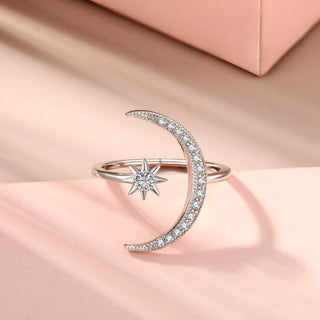 MOON AND STAR Adjustable Ring S925 Sterling Silver